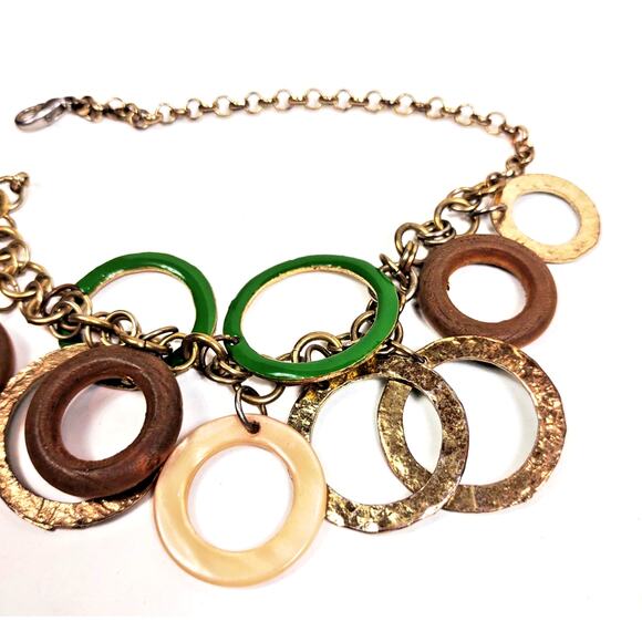 VTG Gold Tone Hammered Disc Ring Earth Tones Marble Green 7" Bracelet - Picture 7 of 7